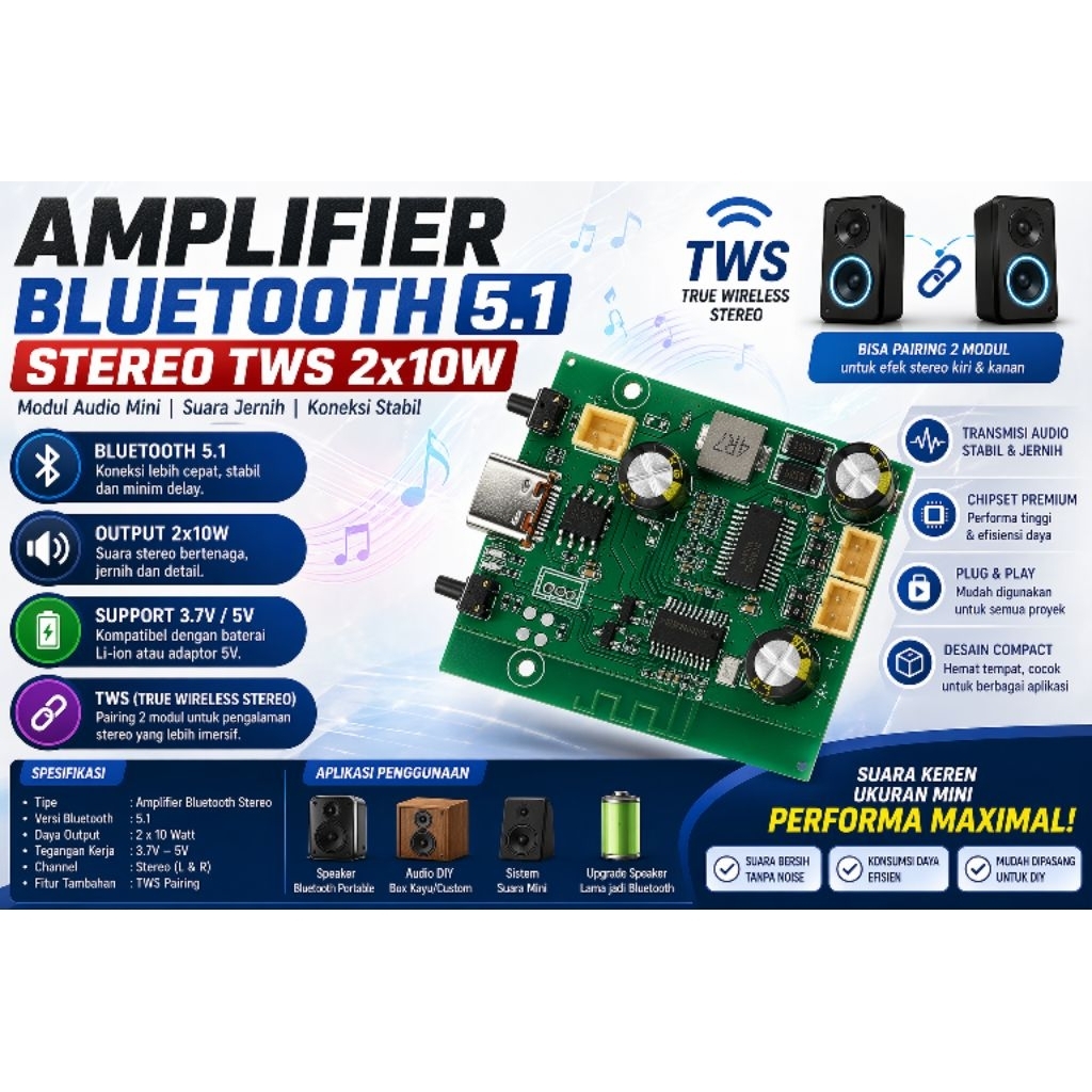 Amplifier Bluetooth 5.1 Stereo TWS 2x10W Modul Audio Mini 3.7V/5V untuk Speaker DIY
