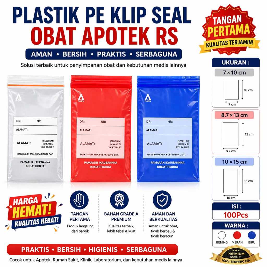 Plastik Klip Obat Apotek 100Pcs Ukuran 7x10 8.7x13 10x15 Ziplock Tebal Kuat Warna Putih Biru Merah