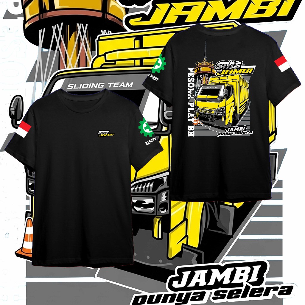 Kaos Merah Jambi Motif Truk Kuning, Lengan Kiri Logo, Desain Unik Pilihan Warga // Kaos Truck Mania 