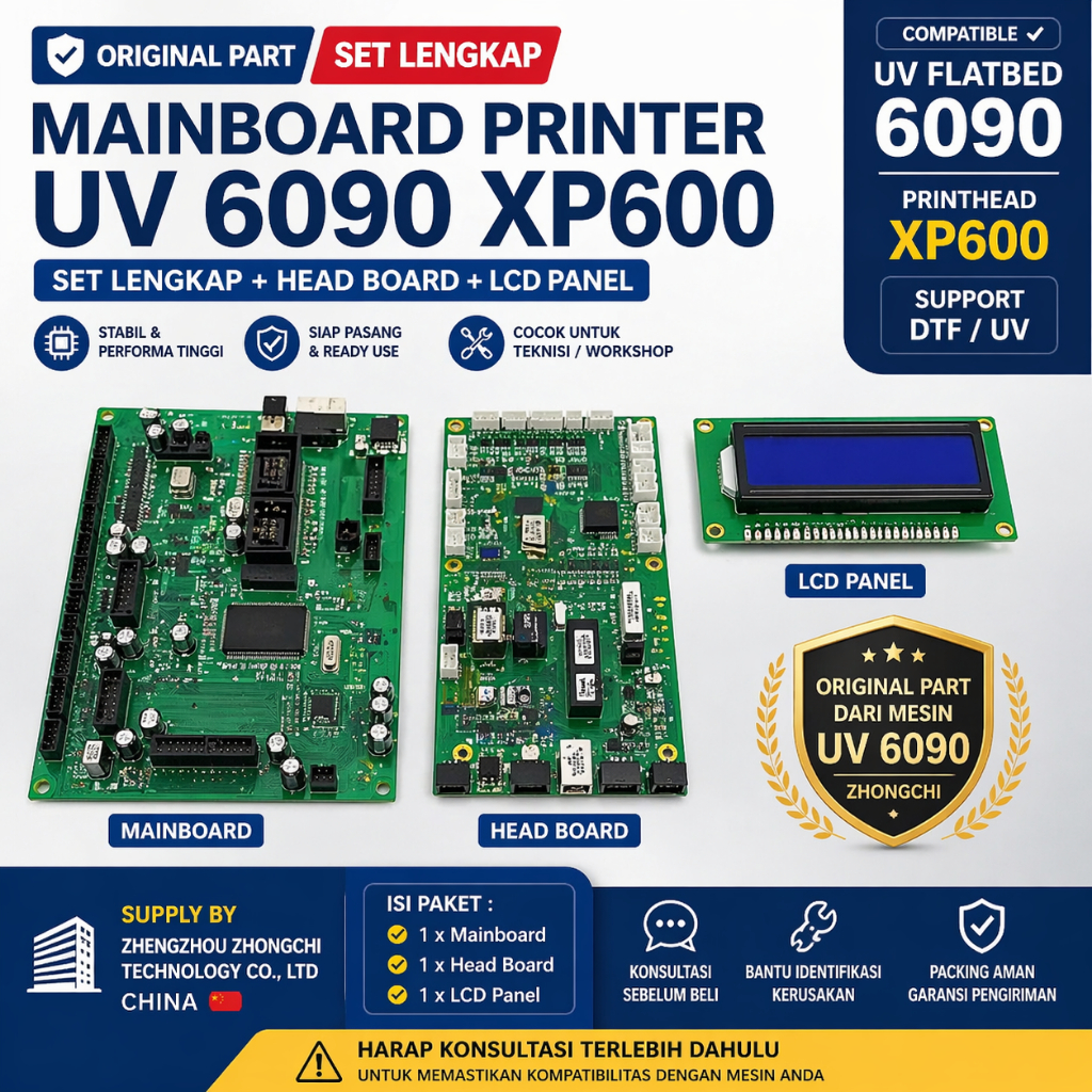 ZHONGCHI Mainboard Printer UV Flatbed 6090 XP600 Set Lengkap + Head + LCD | Mesin DTF UV Digital Pri
