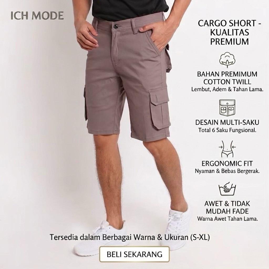 Celana Pendek Cargo Cowok Bahan Tebal / Celana PDL Pendek Pria Warna Cream