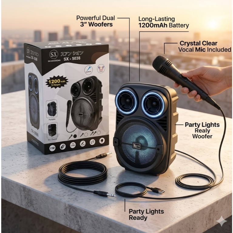 SX 5038 Speaker Aktif bluetooth karaoke free mic jumbo 6inch MP3 Radio FM Portable Wireless