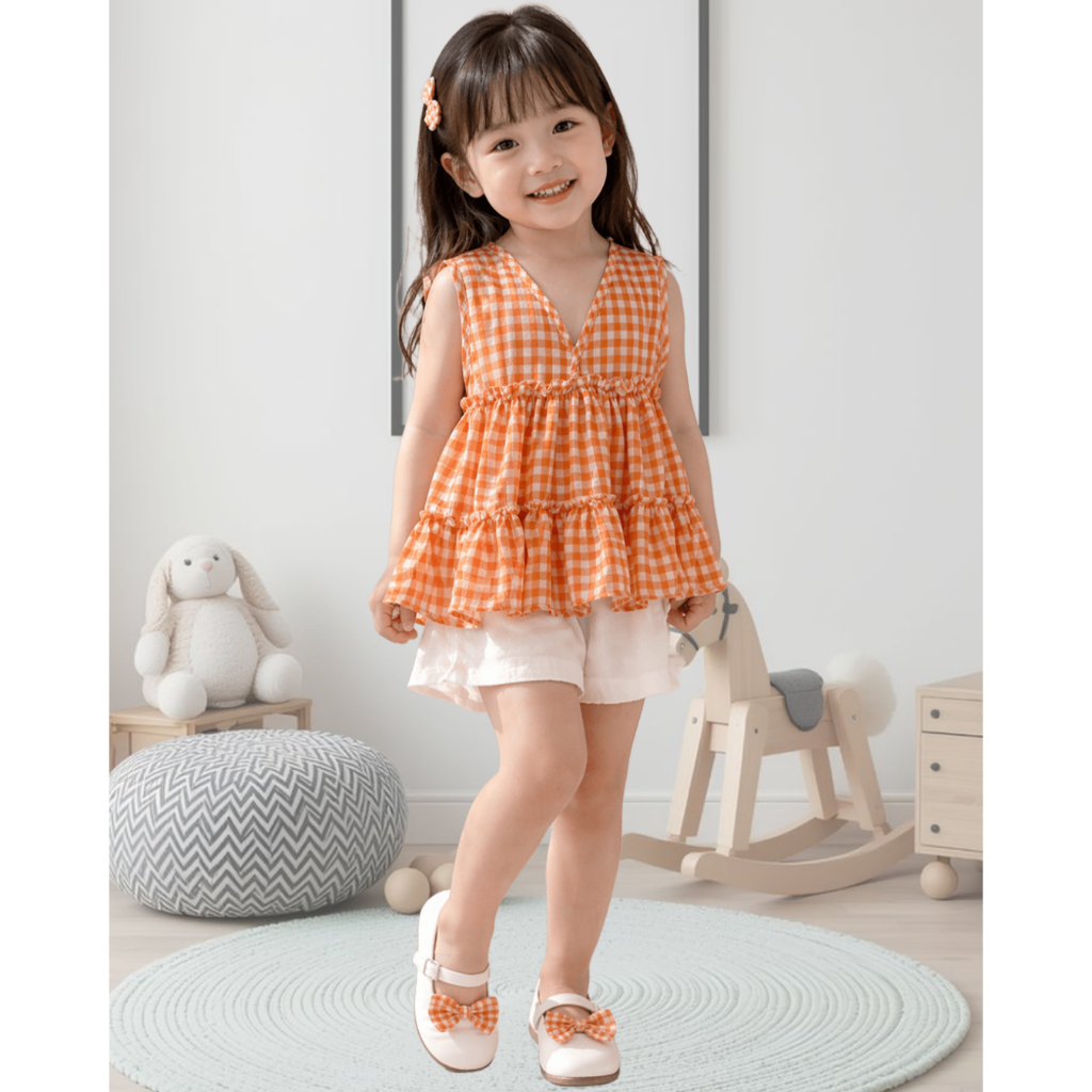 Livy Set Kids | Setelan Gingham Baju Anak Perempuan 2-4 Tahun | Setelan Anak Perempuan Motif Kotak K