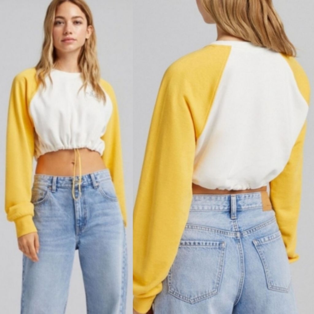 BERSHKA TOP SWEATER CROPPED YELLOW WHITE ASLI BARU ORIGINAL