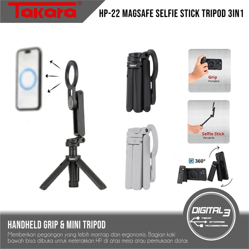 TAKARA HP-22 Selfie Stick Tripod 3in1 Magnetic Magsafe Mount with Cold Shoe for Mic Light - Tongsis 