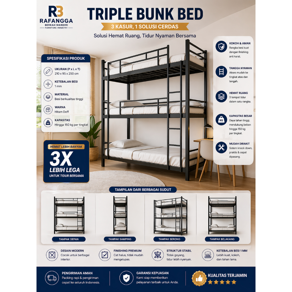 Promo Ranjang Susun Besi 3 murah Tingkat Uk. Kasur 100x200