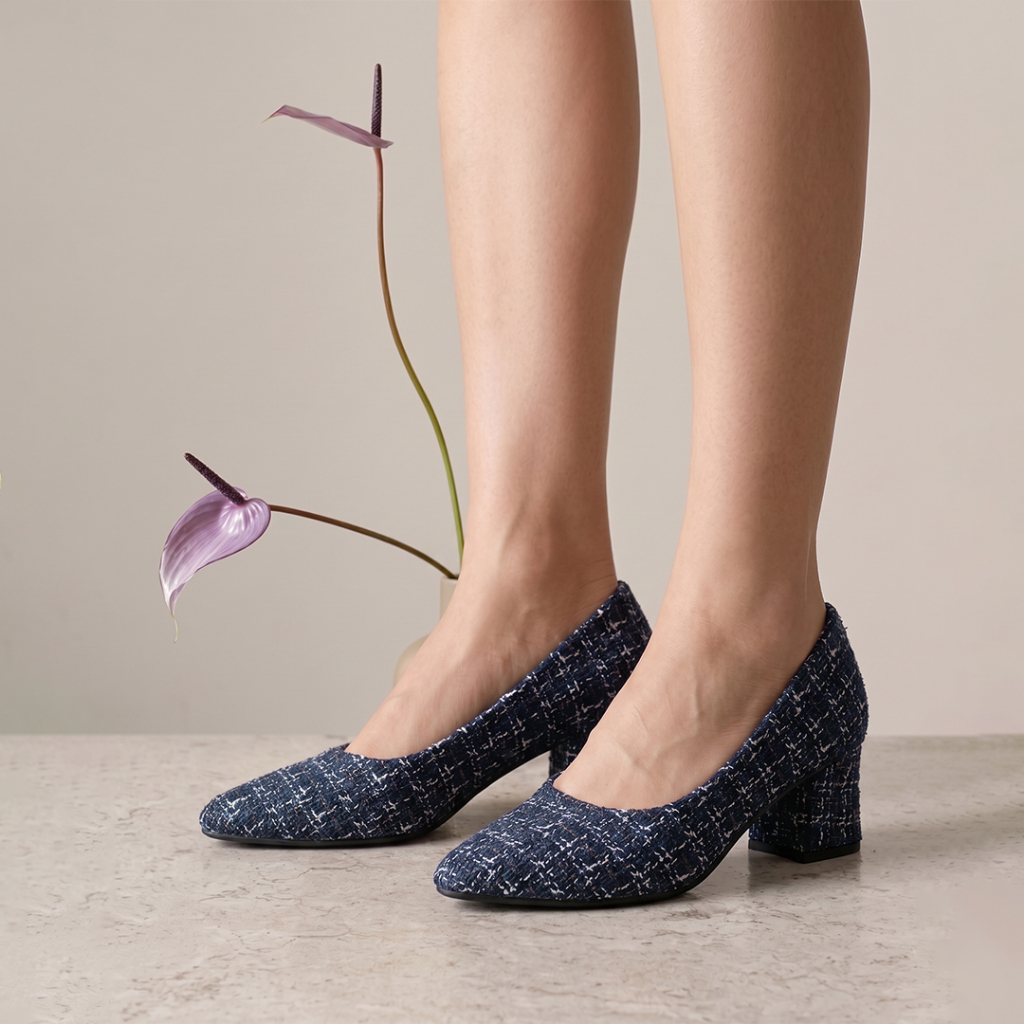 Alivelovearts Jane Pantofel Tweed Korea Heels 5cm Sepatu Runcing Wanita Kerja Hak Tahu Korea