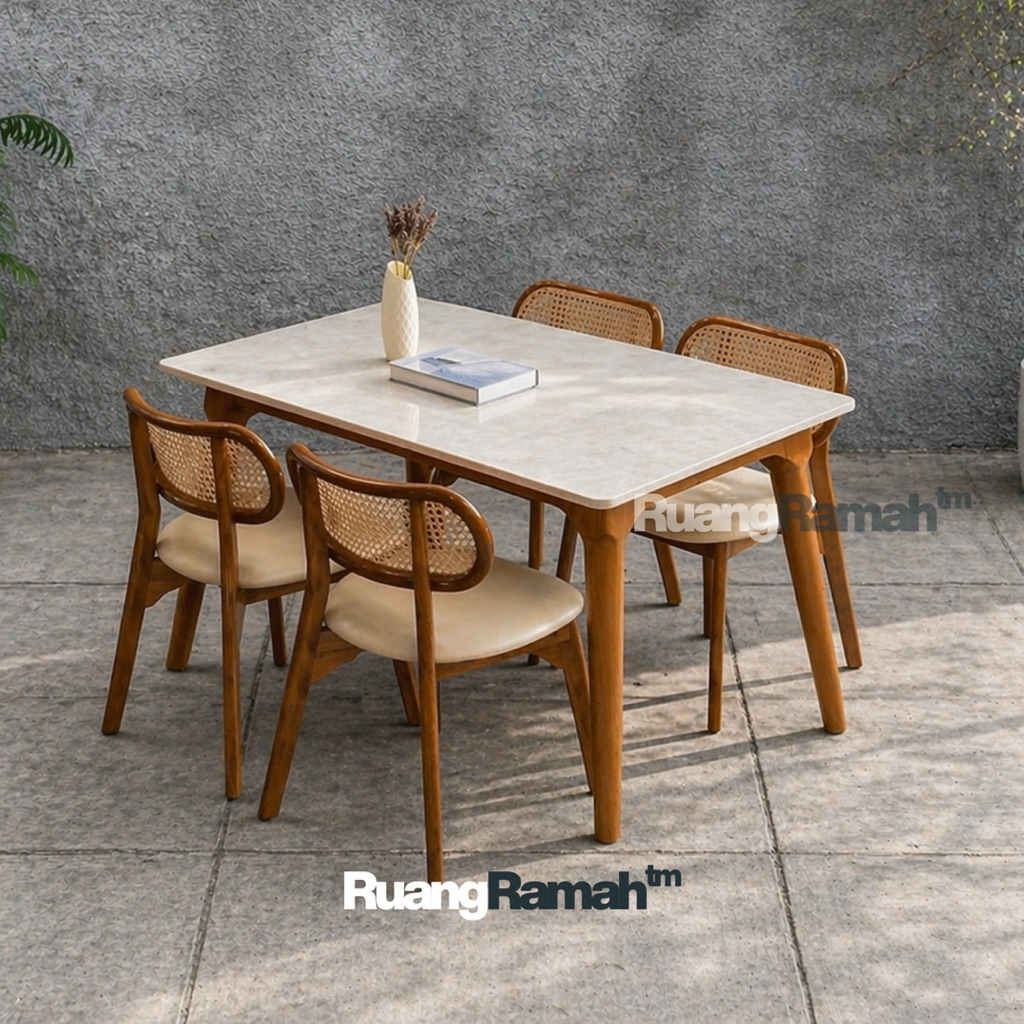 Set Meja Makan Marmer Kayu Solid Kursi Rotan Jepara | Meja Makan Minimalis Modern Kayu Solid Kombina
