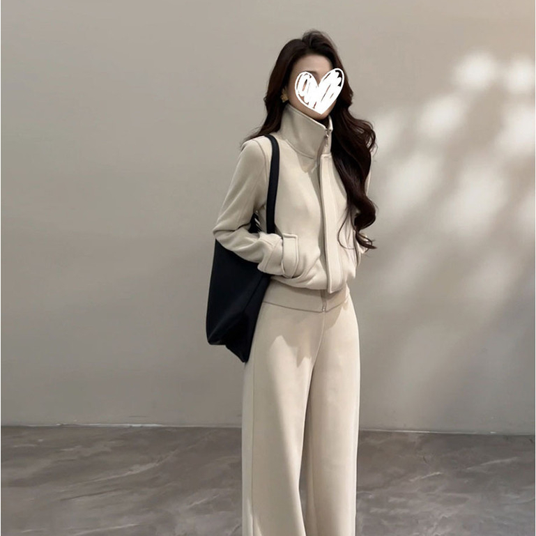Women's fashion zip-up long-sleeve stand-up collar short sweatshirt jacket and wide-leg pants set