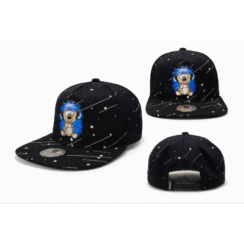 Topi Miniso Japan Snapback Cartoon Hedgehog Hitam Lucu Flat Brim Kondisi Mulus