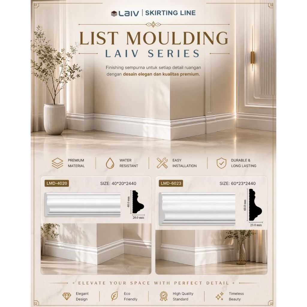 LIST MOULDING LAIV Bahan Premium Berbagai Ukuran | Wall Moulding Dekorasi | Dekorasi Dinding | Lis L