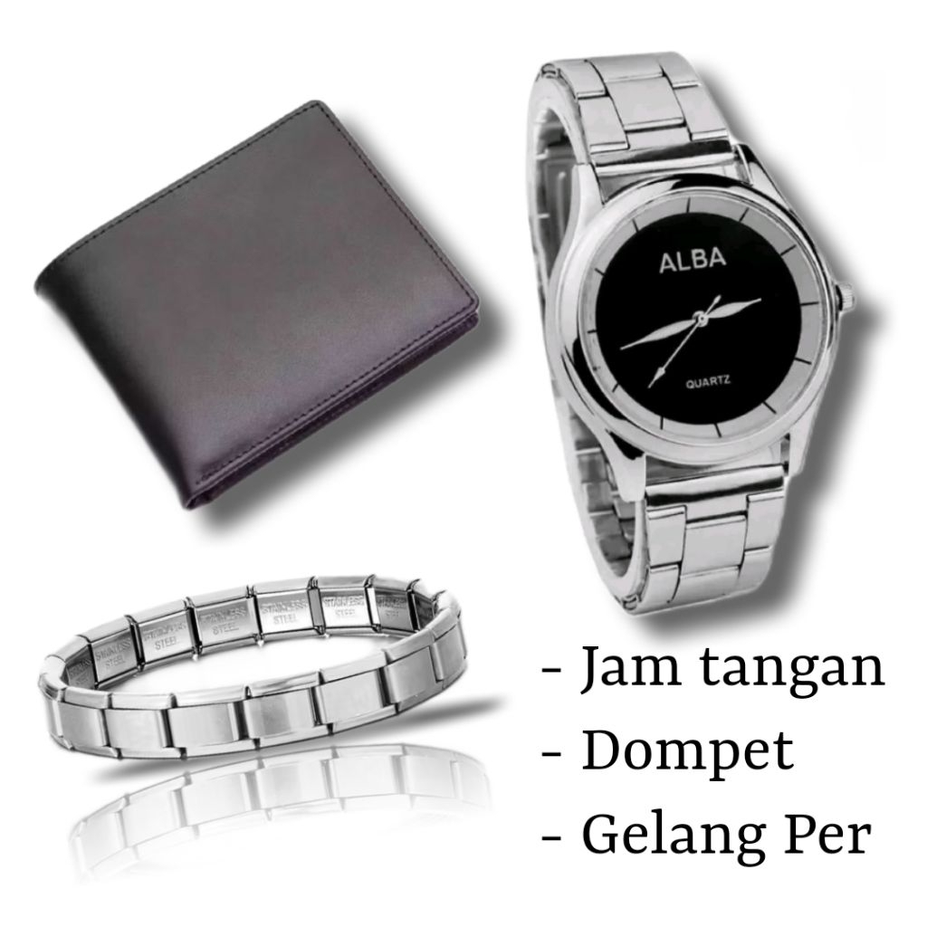 PAKET HEMAT PRIA... Jam tangan pria kekinian tali rantai ALBA bonus dompet kulit & gelang per keren
