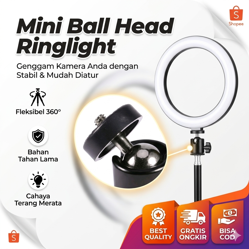 Mini Ball Head Tripod 1/4 Screw Adapter Rotasi 360 Degree For Ring Light Kamera DSLR Mirrorless HP M