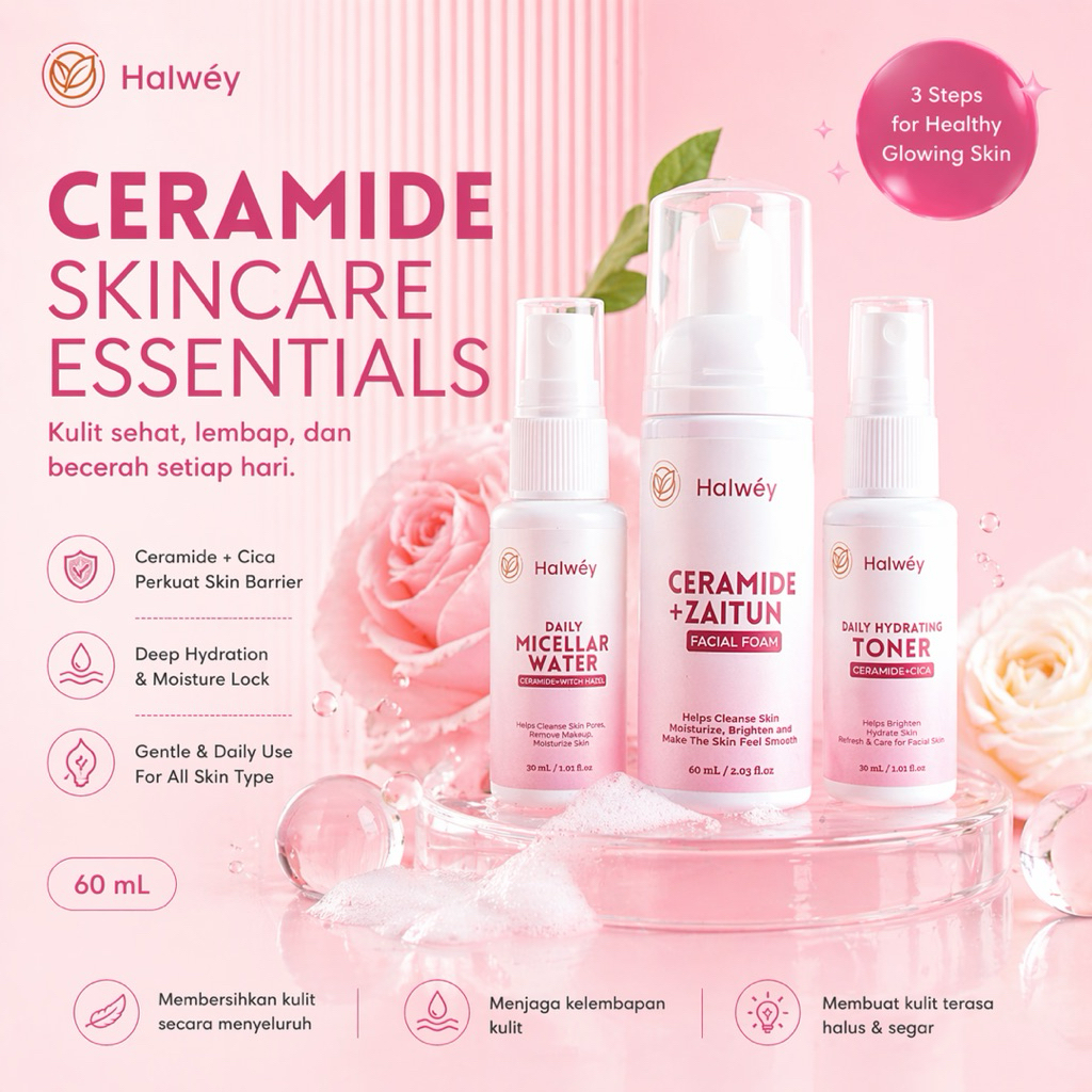 Paket Hemat Ceramide Kit Perawatan PEMULA atasi KULIT SENSITIF, BRUNTUSAN & KULIT KUSAM (Halwey Skin