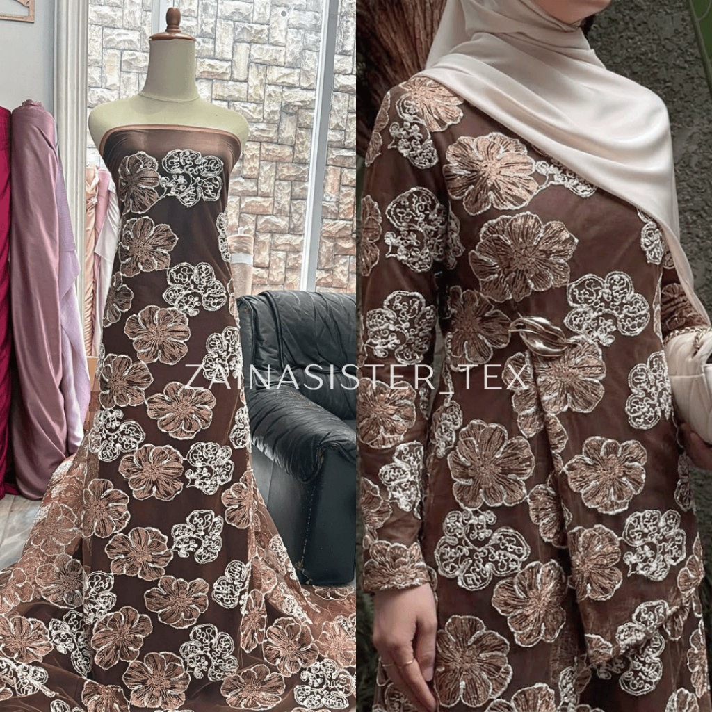 [BISA COD] Kain Brokat Tile Bordir Two Tone Magnolia Series Warna Coklat Mahogany Brown - Bahan Keba