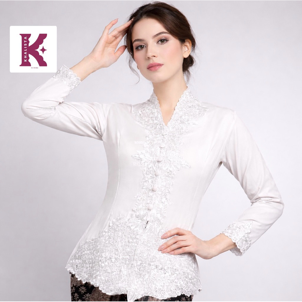 Kebaya Encim Bordir Putih Modern Lengan Panjang Bahan Katun