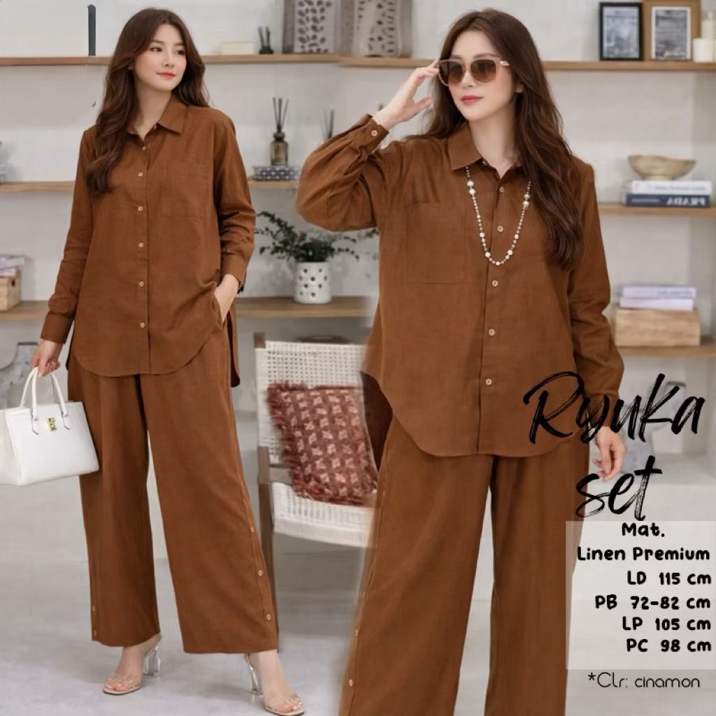 Kinder Set Linen - One Set Wanita - Baju Wanita - Blouse Wanita - Celana Kulot - Baju Setelan Linen 
