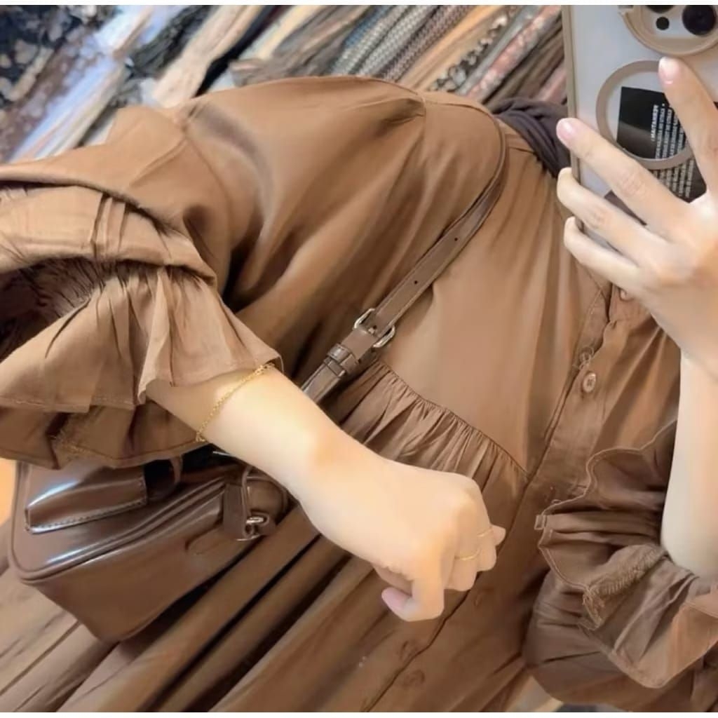 Midi Dress Lengan Balon Polos LD120 Rayon Twill Dress Jumbo Terbaru