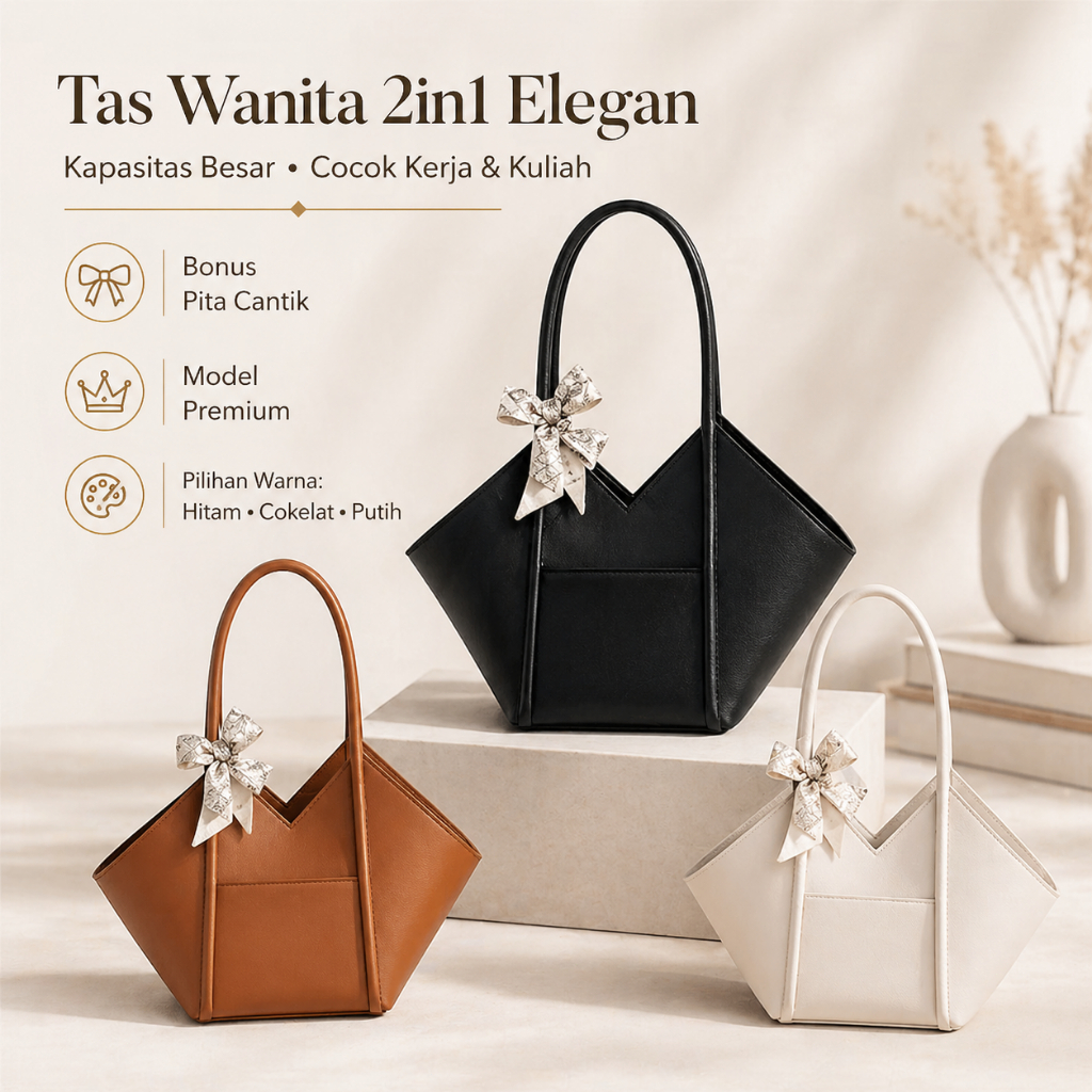 Tas Wanita Set 2in1 Tote Bag dan Selempang Kapasitas Besar untuk Kerja Kuliah Harian Gratis Pita Can