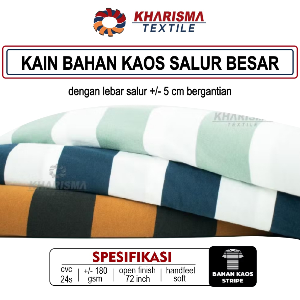 Kain Bahan Kaos Salur Besar 5cm CVC 24s Beragam Corak Motif Garis Stripe Lebar 5 cm x 5 cm Kharisma 