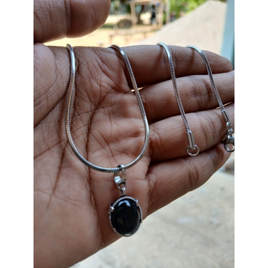 kalung liontin batu hitam blackonyx titanium