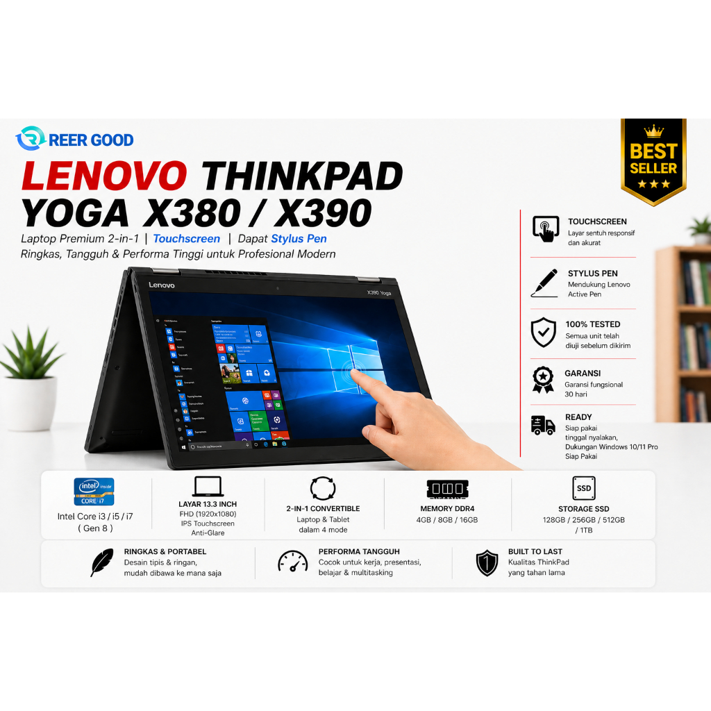 LENOVO THINKPAD YOGA X380 / X390 CORE I3 I5 I7 GEN 8 STYLUS PEN TOUCHSCREEN 360 LAPTOP BEKAS MULUS