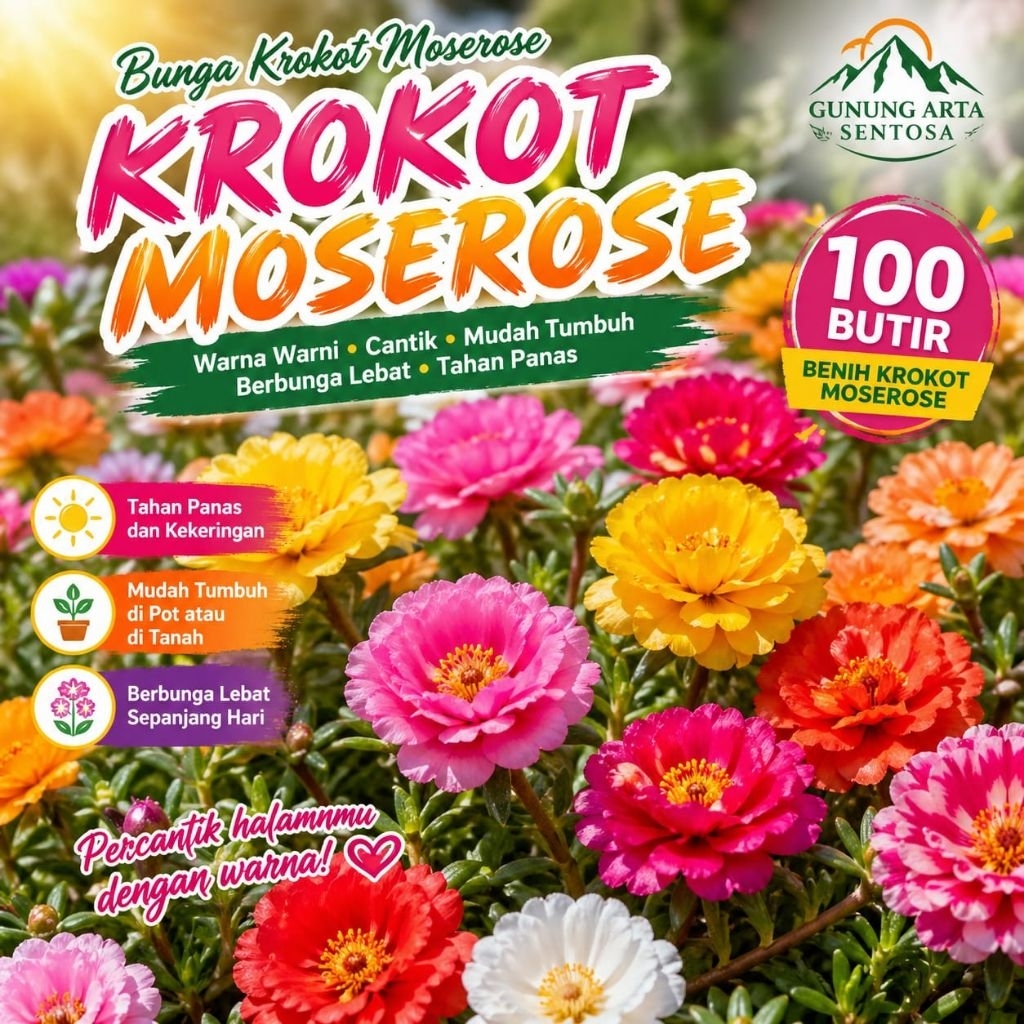 Benih Krokot Moserose 100 Butir – Bunga Hias Mini Warna-Warni, Mudah Tumbuh & Rajin Berbunga
