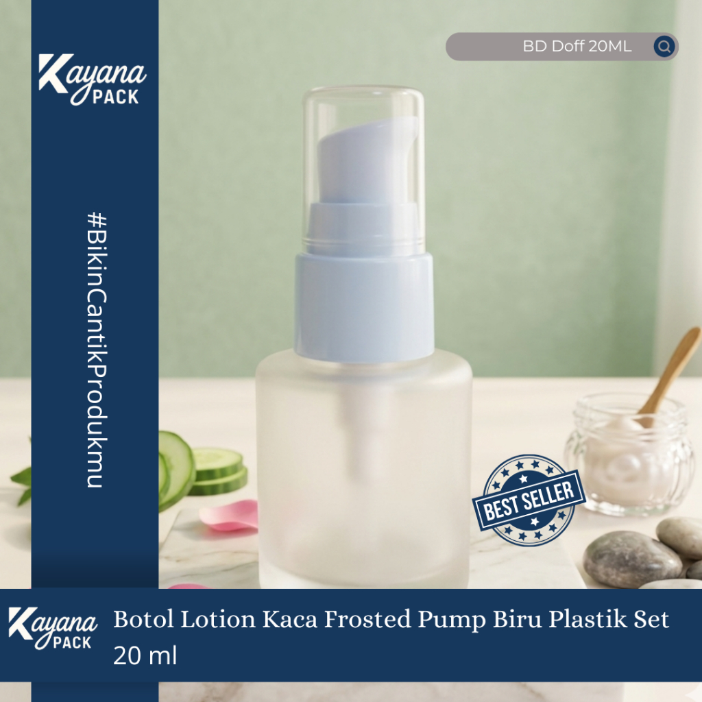 BOTOL FOUNDATION KACA FROSTED DOFF 20ML PUMP BIRU SET / BOTOL LOTION KACA DOFF 20 ML PUMP BIRU SET (