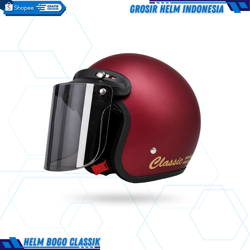 Helm Bogo Dewasa Retro Classic Garis Tiga Pet Pendek Helm / kaca helm