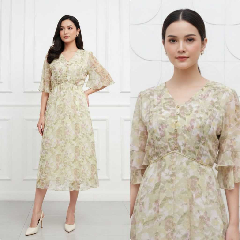 Summer dress floral Dress sifon bunga hijau D843