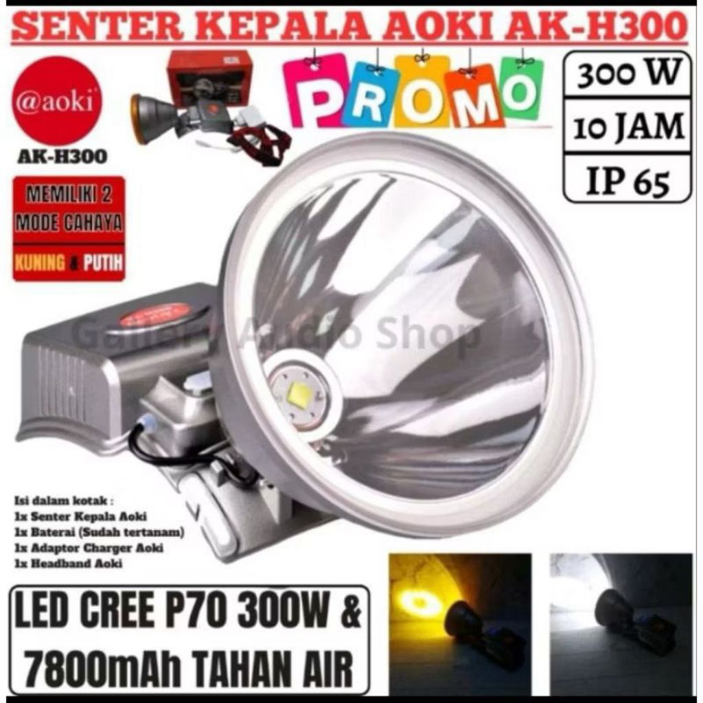 ￼Senter Kepala Jumbo Super Terang AOKI AK-H300 300 Watt Baterai 7800mAh Tahan Hingga 10 Jam | Senter