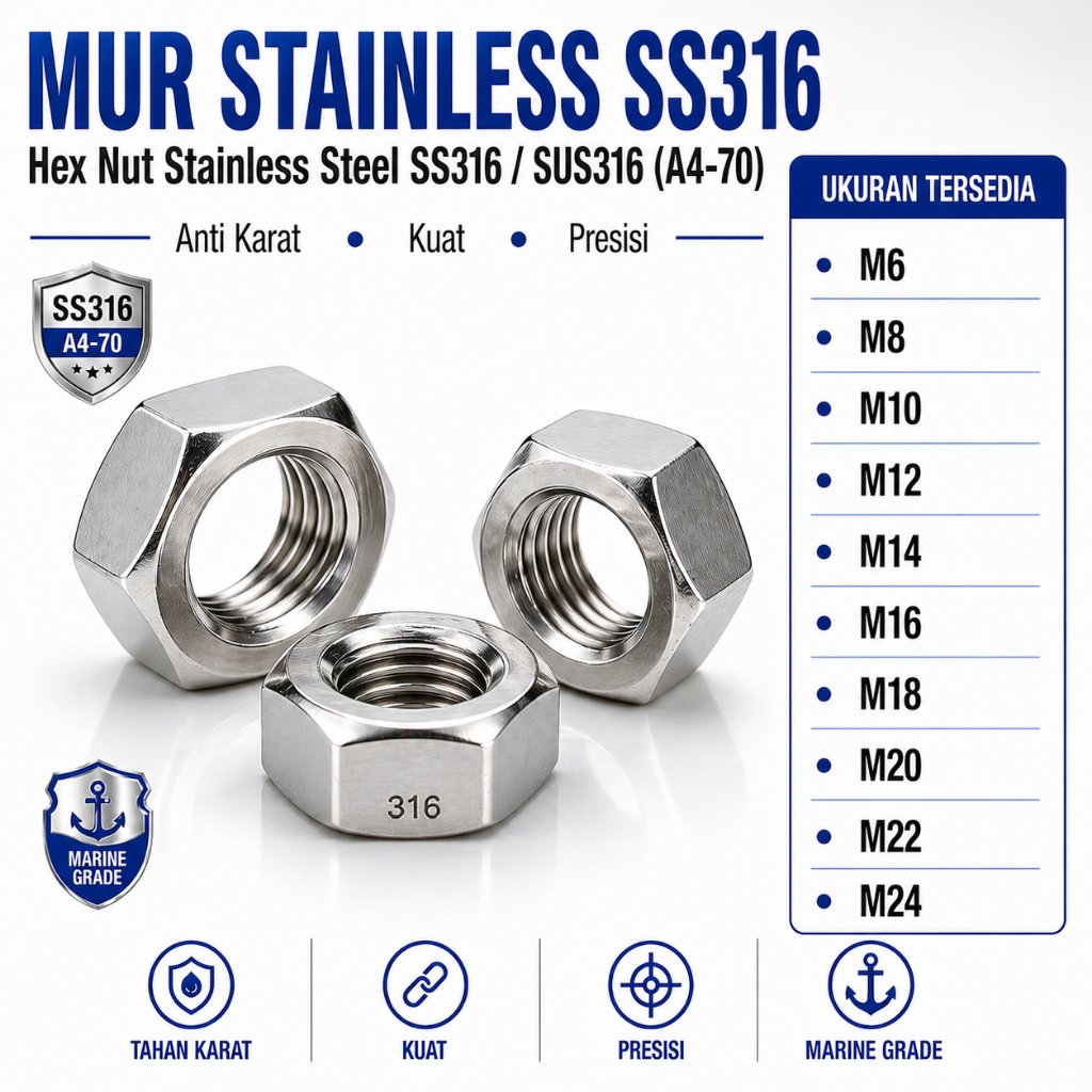 SS316 Mur M12 / Mur Stainless M12 / Hex Nut M12 SUS316 / A4-70