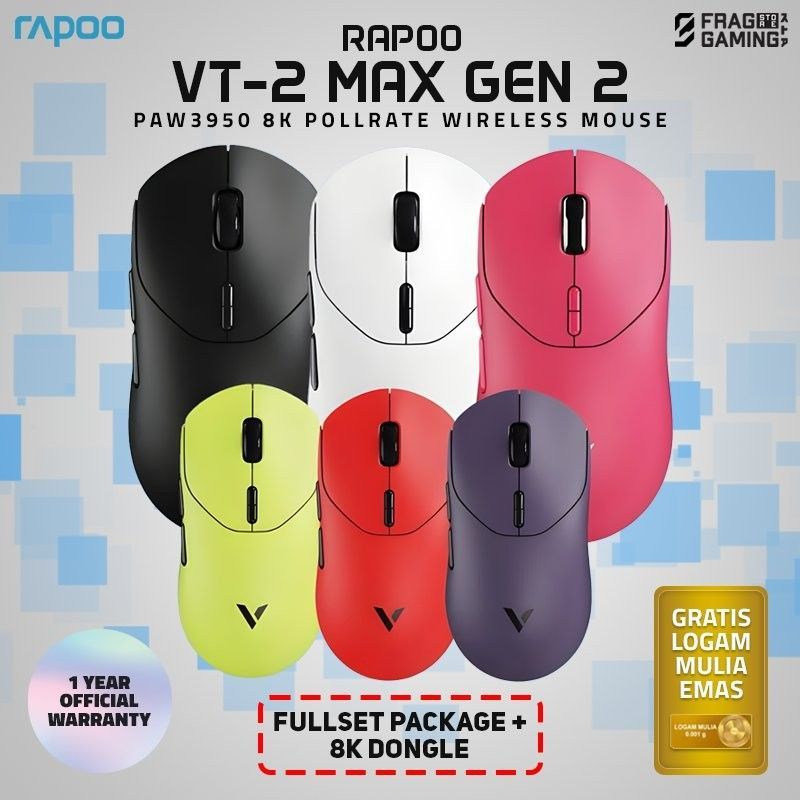 Rapoo VT2/VT-2 MAX Gen-2 Mouse Gaming Wireless Lightweight Paw3950 8000Hz Polling Rate