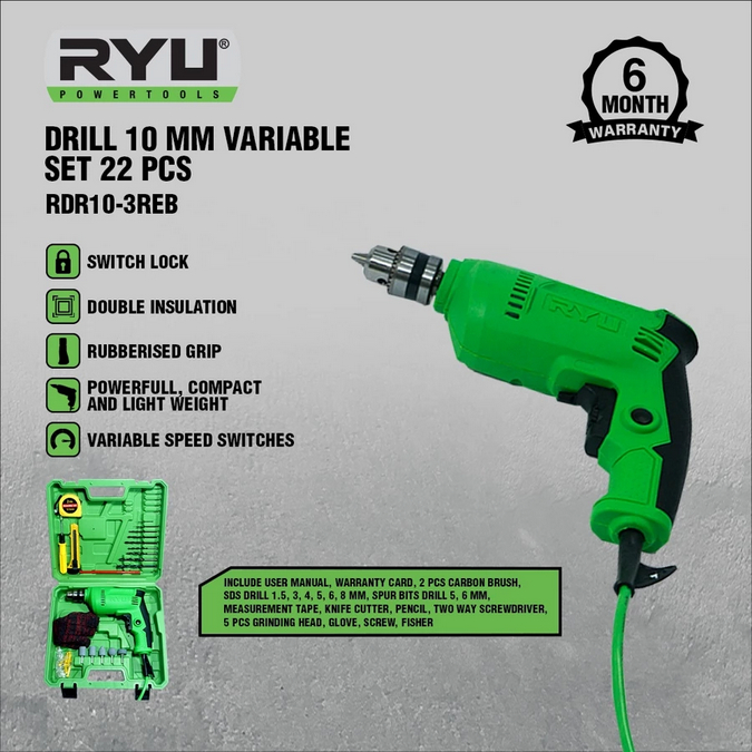 RYU Drill 10 Mm Variable Set 22 Pcs - Mesin Bor Set RYU 10 MM RYU Power Tools