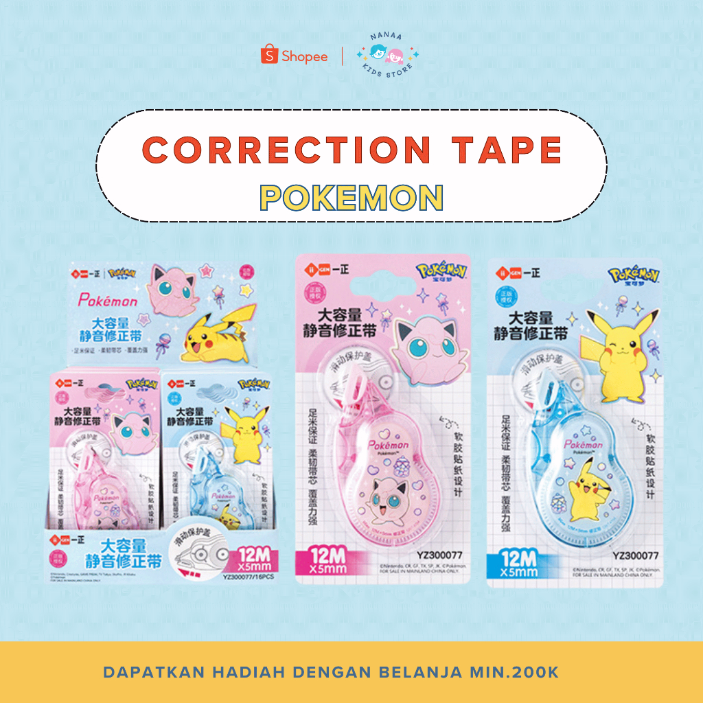 Nanaa Kids Correction Tape Tipeks Kertas Karakter P*kemon Berlisensi ATK-PKM-CT01