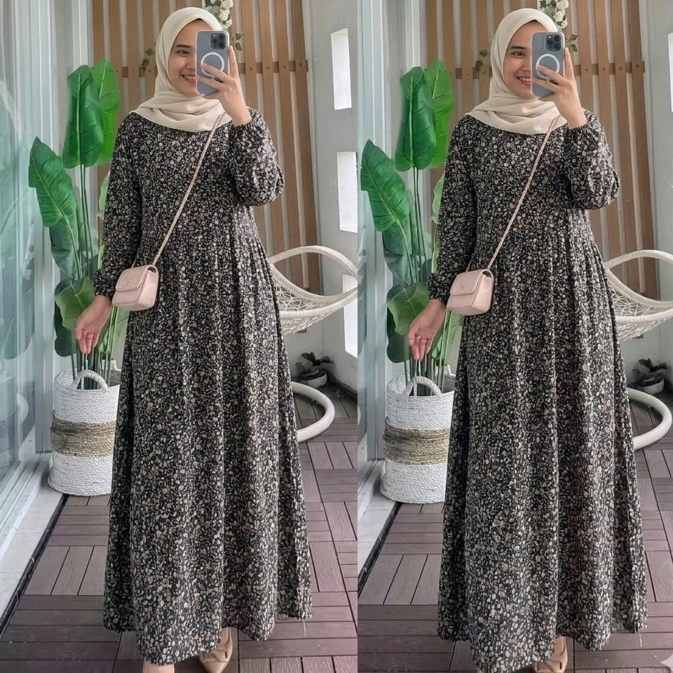 Katharos.id Gamis Rayon Viscose Motif Floral Premium Bunga kecil Terbaru Model Jumbo Ukuran XL-XXXXL