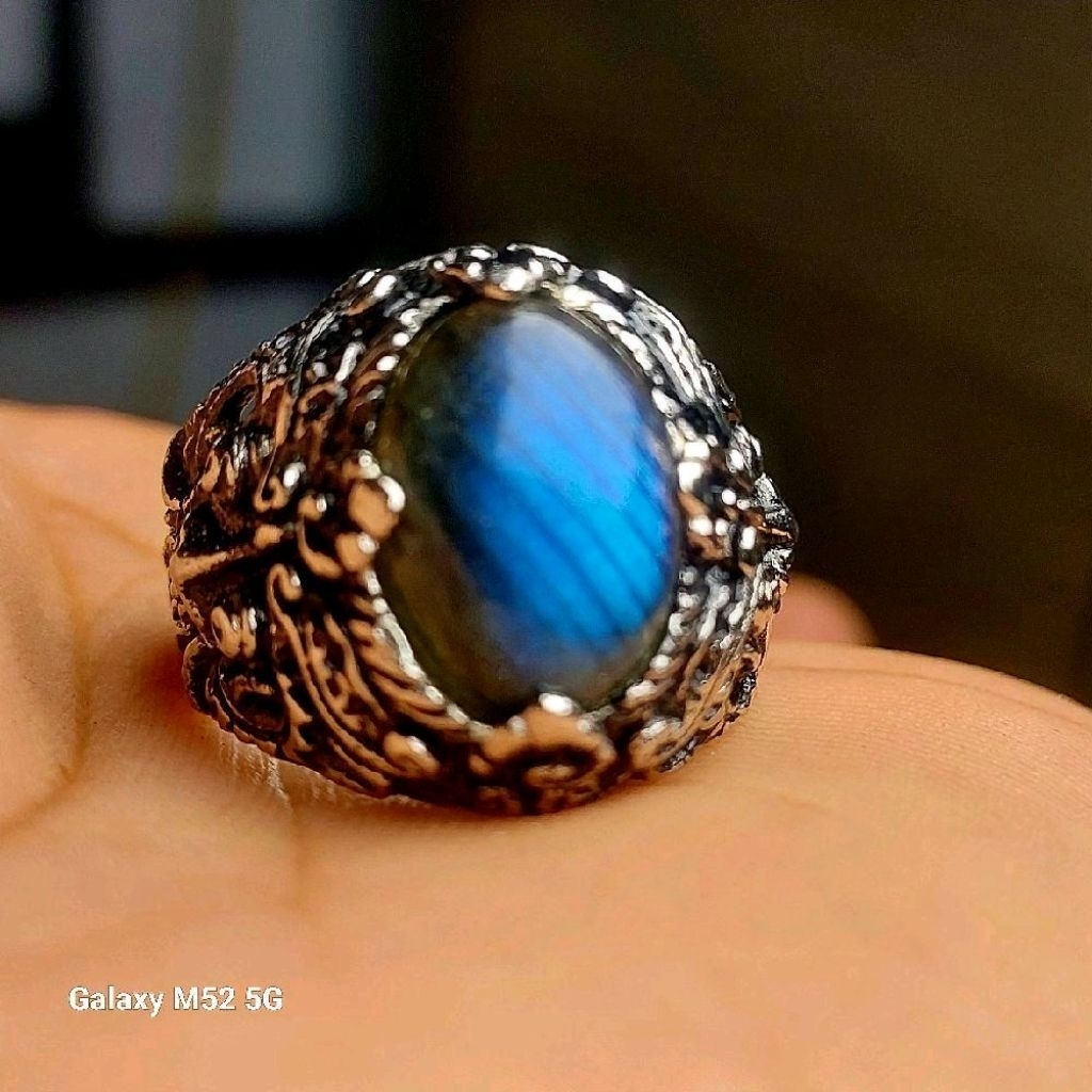 Cincin batu blue labrador asli natural dim 14 mm ring alpaka super