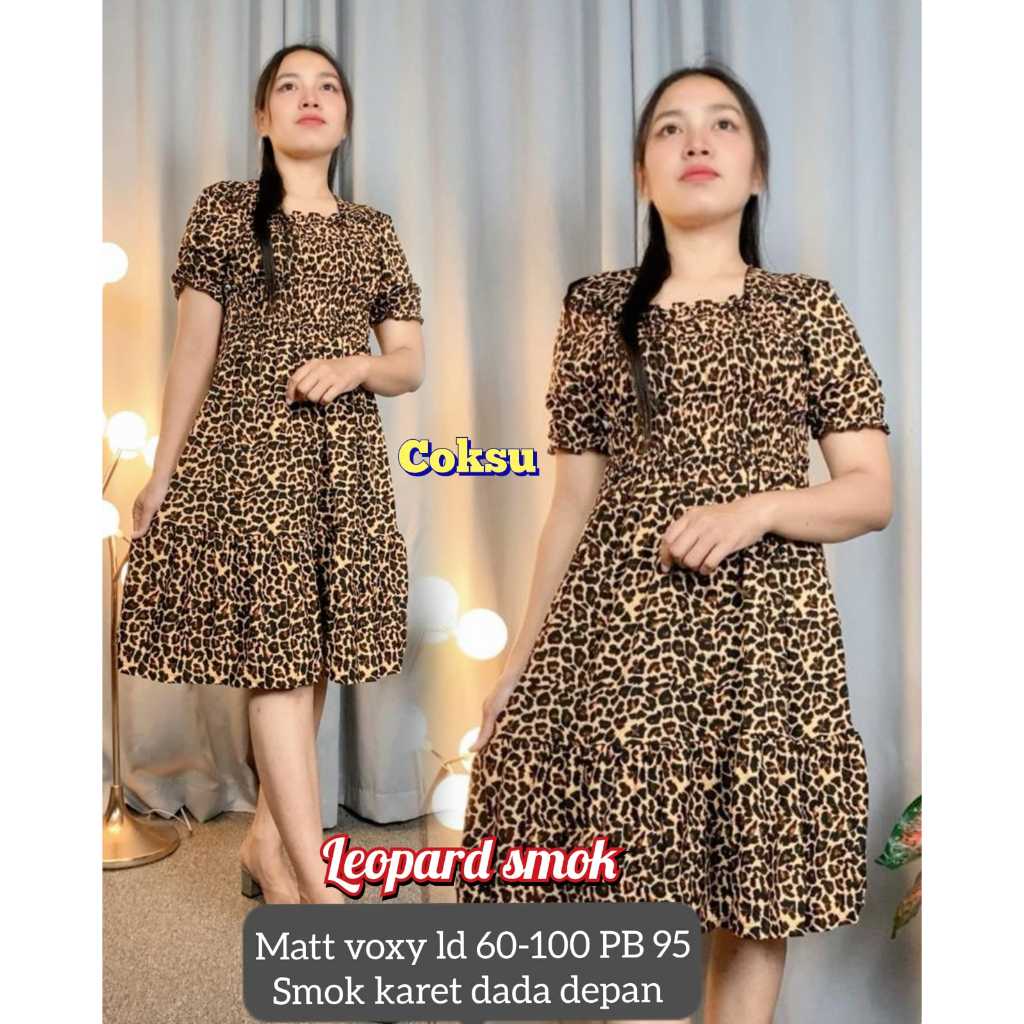 DRESS WANITA SMOK LEOPARD MACAN PENDEK KARET DADA SEKSI