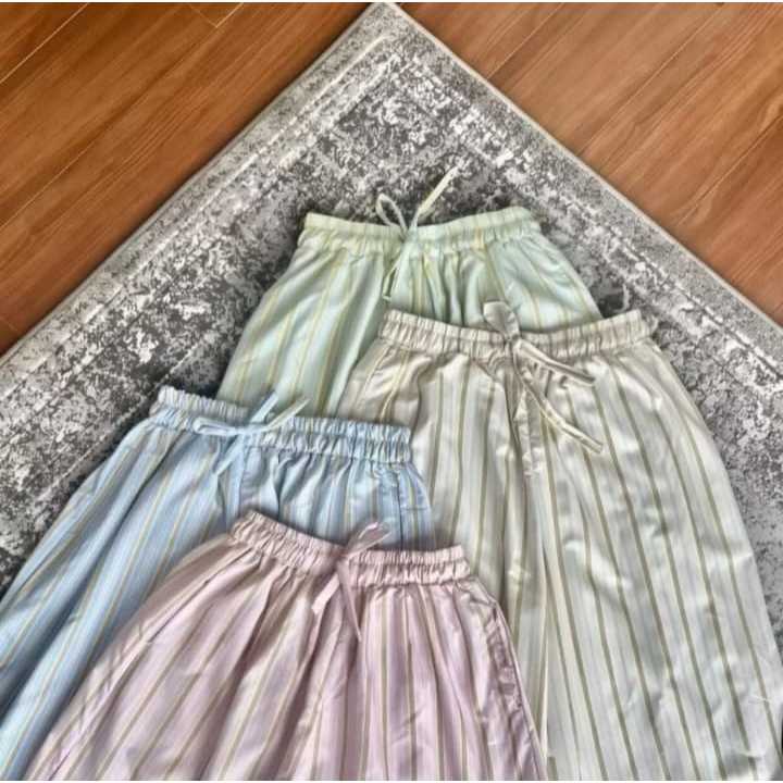 Celana Panjang Wanita Katun Baggy Model Kulot Pinstripe Hitam