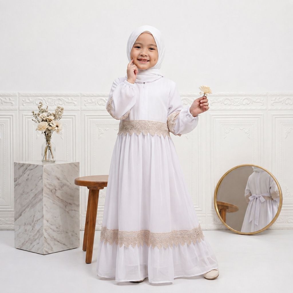 Gamis Anak Perempuan Renda Set Hijab Syar'i - Ceruty Babydoll