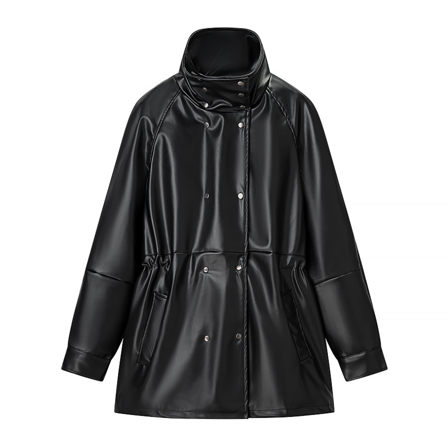 Namirazka Coat Jaket Kulit Wanita Korea Hitam – Long Coat Leather Musim Dingin Hangat Elegant Stylis