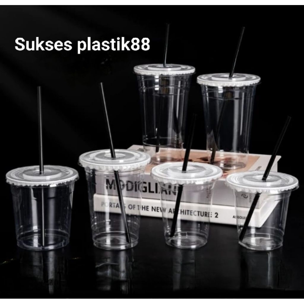 Tutup Datar Bening+ Gelas plastik Isi 50set Pop Ice Juice Cup Ukuran 10oz 12oz 14oz 16oz 18oz 22...