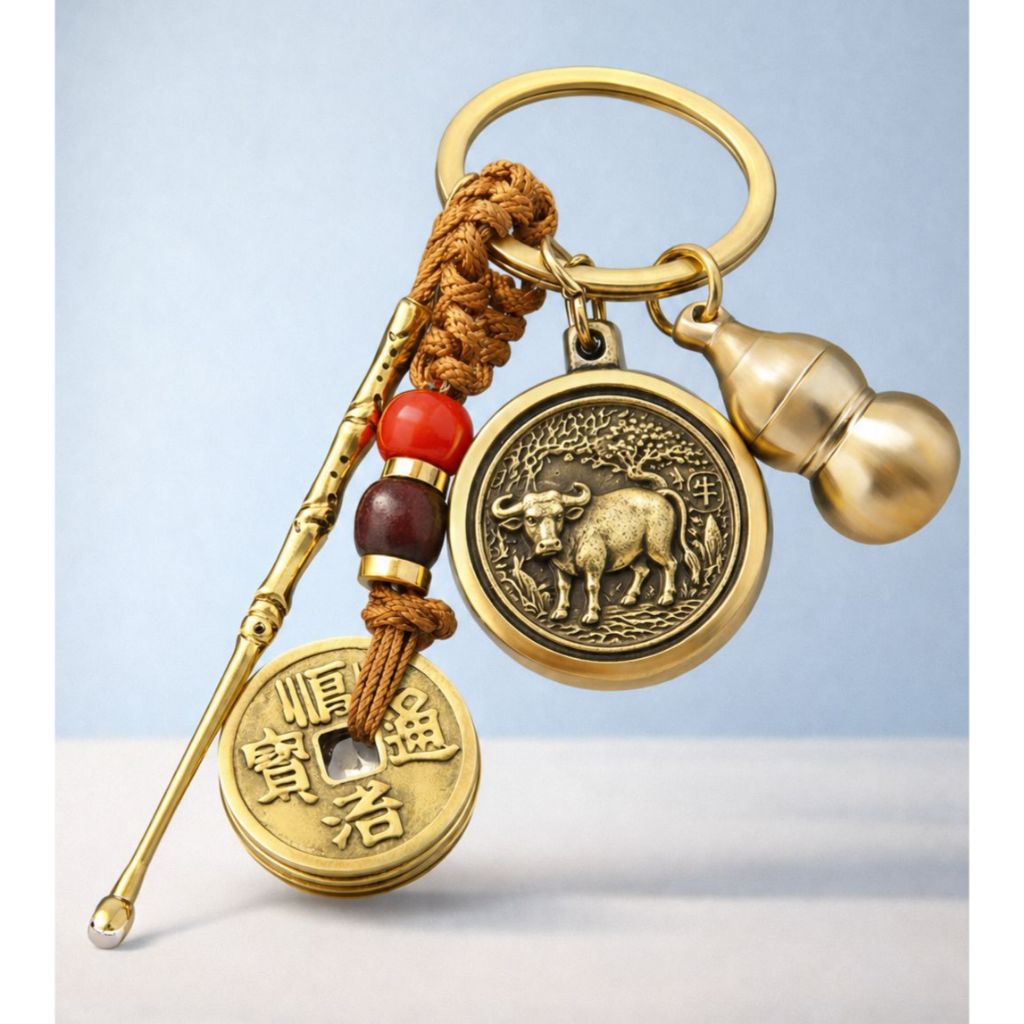 Gantungan Kunci Shio China Zodiak Tembaga - Edisi 12 Shio & Koin Keberuntungan Keychain Fengshui