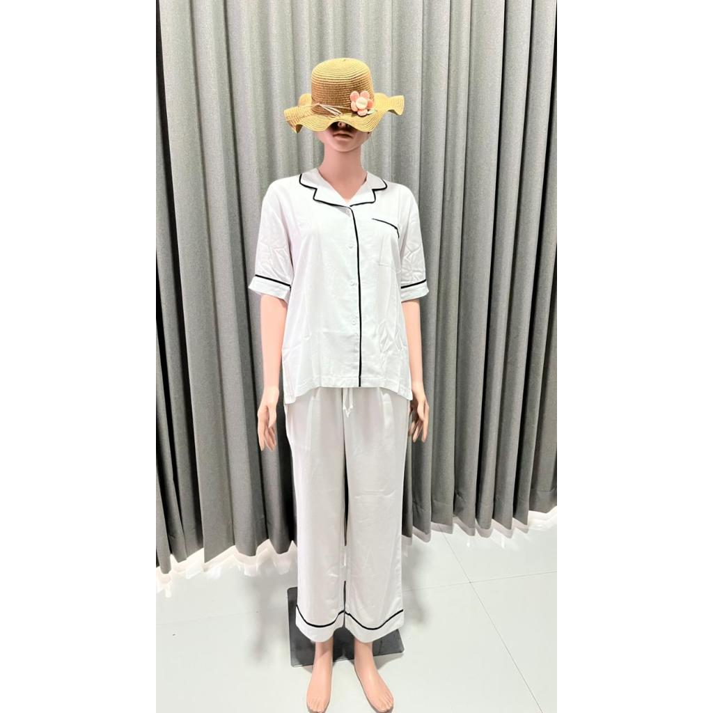 One Set V - Neck Lengan Pendek / Piyama Rayon Polos Strip Hitam