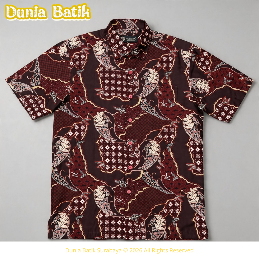 V4 Classic - Kemeja Batik Merah Maroon Lengan Pendek Reguler Fit Bahan Premium 0005