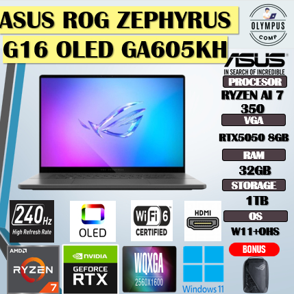 ASUS ROG ZEPHYRUS G16 OLED GA605KH RYZEN AI 7 350 RTX5050 8GB/ 32GB 1TB W11+OHS+M365B 16.0 NEBULA OL