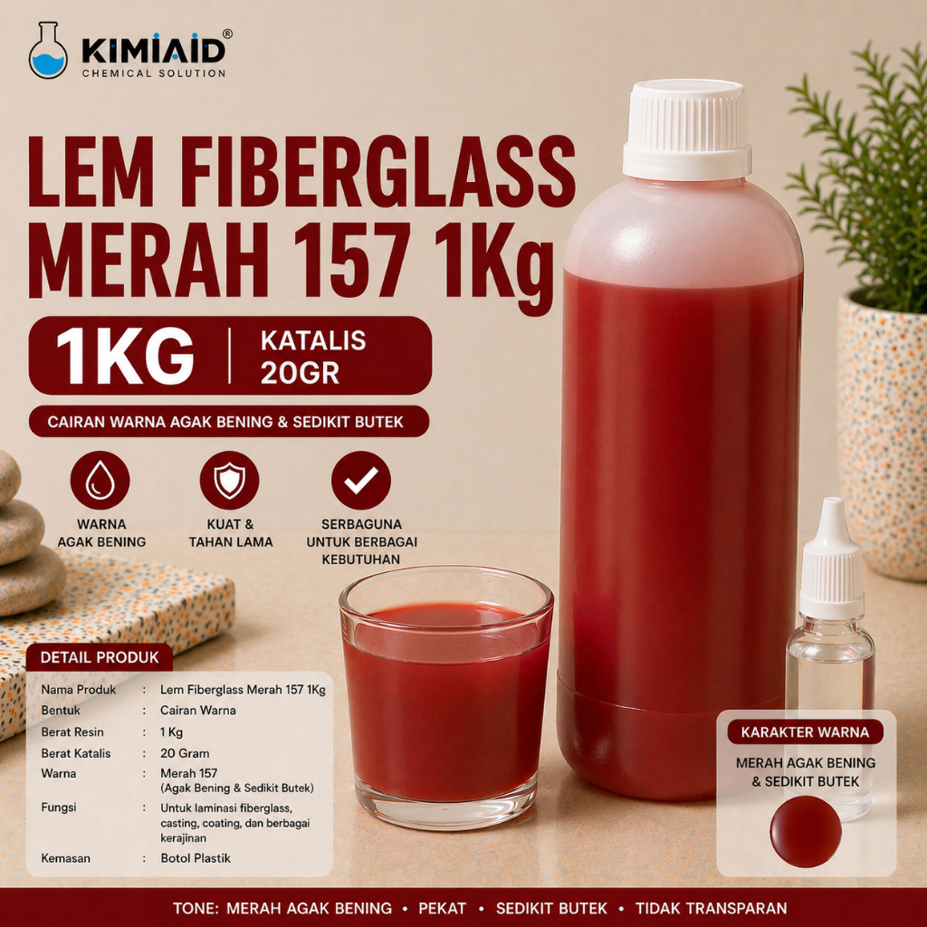 Lem Fiberglass Merah 157 1Kg + Katalis Baru Untuk Waterproofing Kapal Tembok Meja Table Top Boat Nur