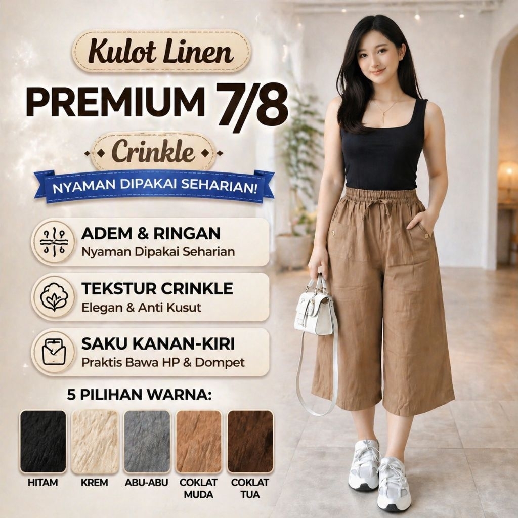Celana Kulot Linen Premium 7/8 Crinkle Wanita Highwaist Anti Kusut - Kulot Pendek Adem Nyaman Kerja 