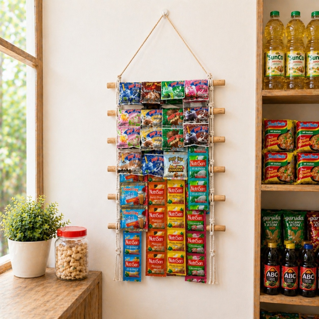 Rak Gantungan Warung Susun Rapih untuk Minuman Makanan Sabun Sachet Display Gantung Unik Minimalis