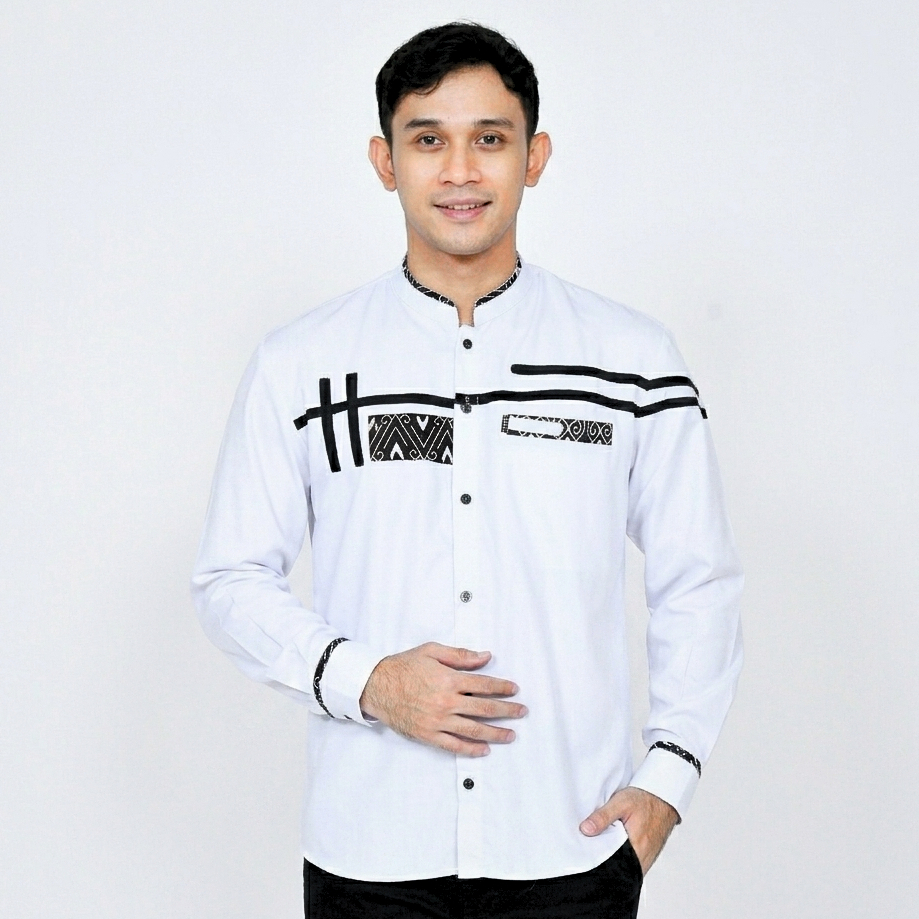 Elrumi Baju Koko Pria Lengan Panjang Motif Zholed Warna Putih Kombinasi List Hitam